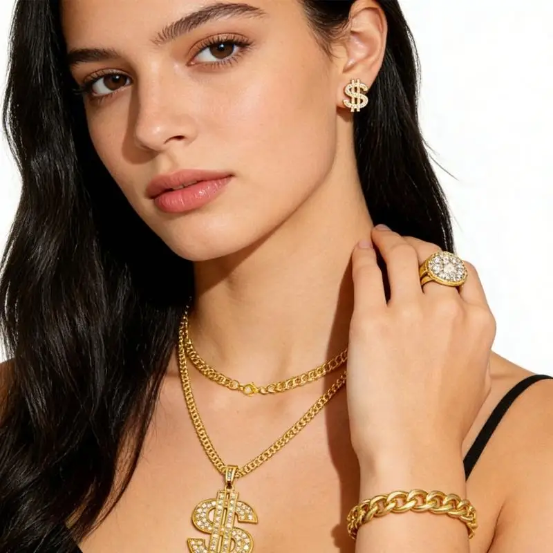 

39BB 1980-е кольца в стиле хип-хоп, ожерелье, комплект ювелирных изделий для ношения стильной уличной одежды, модные аксессуары