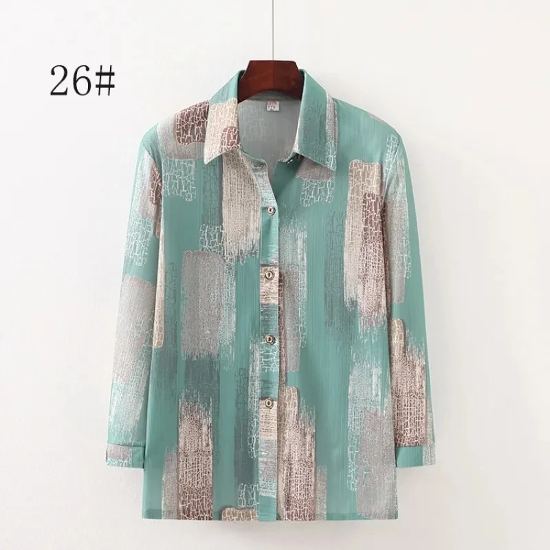 Middle Aged And Elderly People Spring Fashion Loose Fitting Cardigan Blouse Young Mom New Square Neck Long Sleeved Shirt Tops