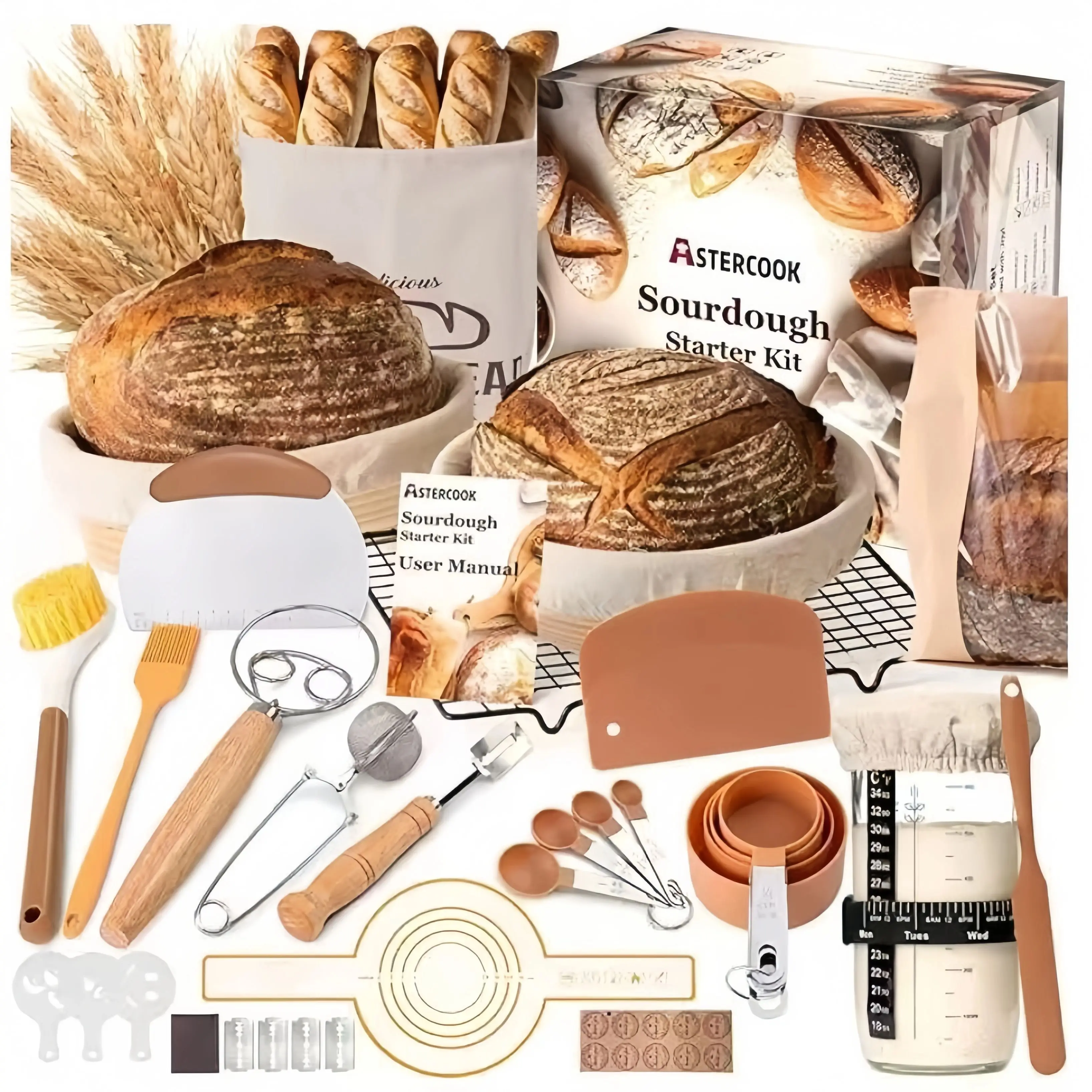Complete Sourdough Starter Kit 2Pcs Round Banneton Baskets Dough Scoring Lame Silicone Baking Mat Measuring Spoons Bread Baking