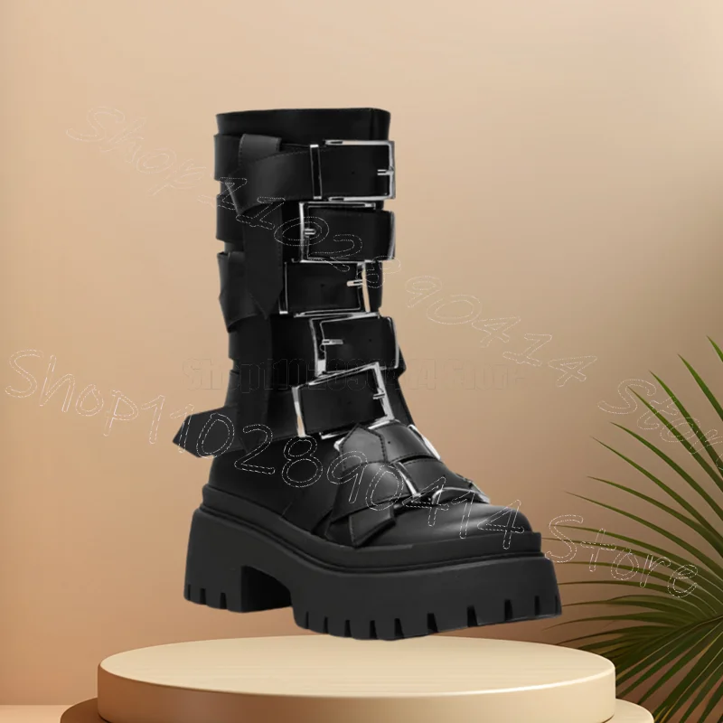 

Black Belt Fastener Round Toe Mid Calf Boots Back Zipper Women Shoes Chunky Heels Party Banquet Dating 2026 Zapatos Para Mujere