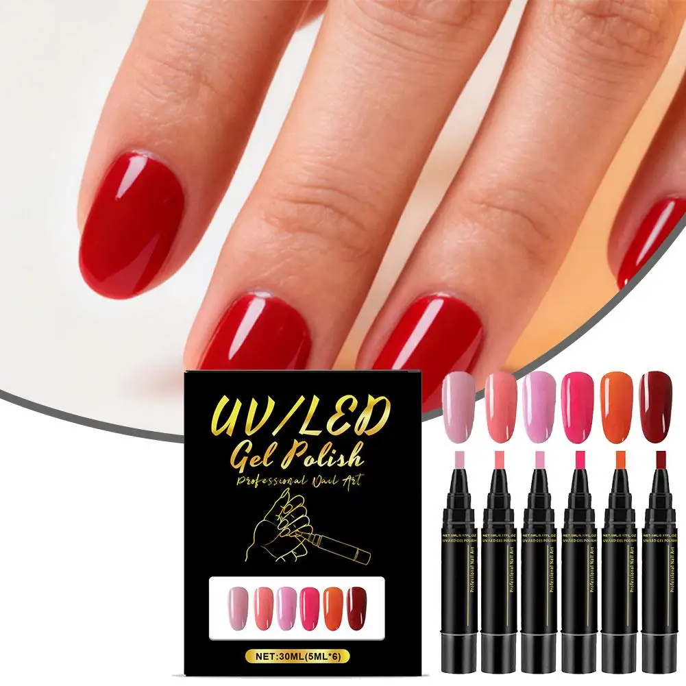 

6PCS Multi-Color 3-in-1 Gel Nail Pen 5ml Quick-Drying Non-UV DIY Nail Art Design Manicure Painting Brush Tool Set