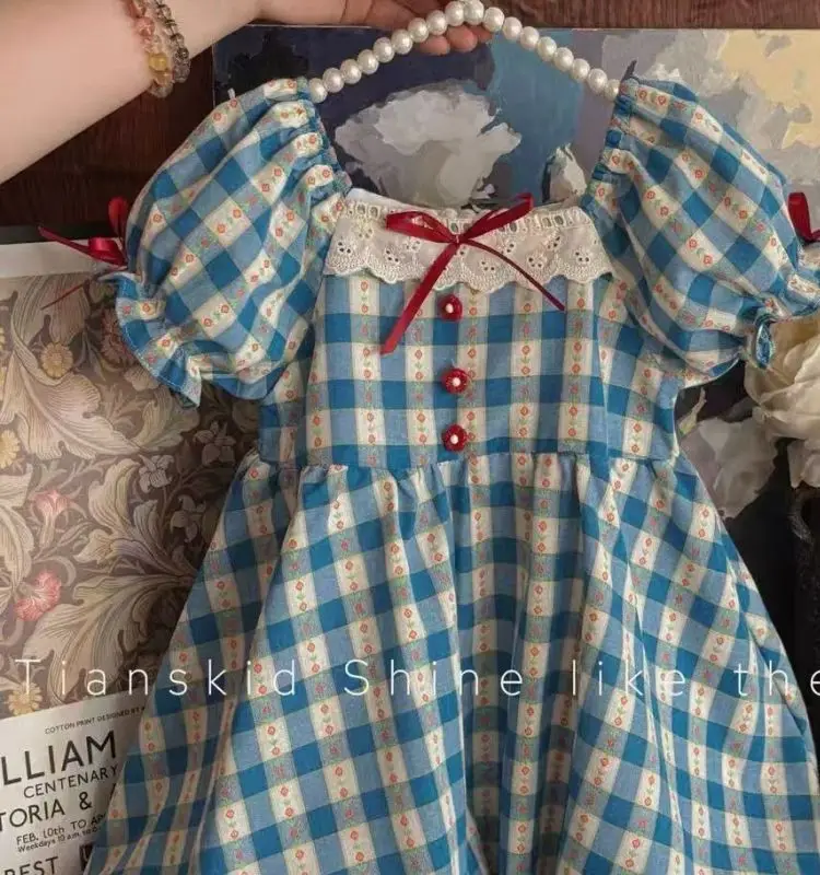 Girls Dress Summer Korean Version Children's Retro Plaid Dress with Bow Design Western Princess Style Blue  Dress