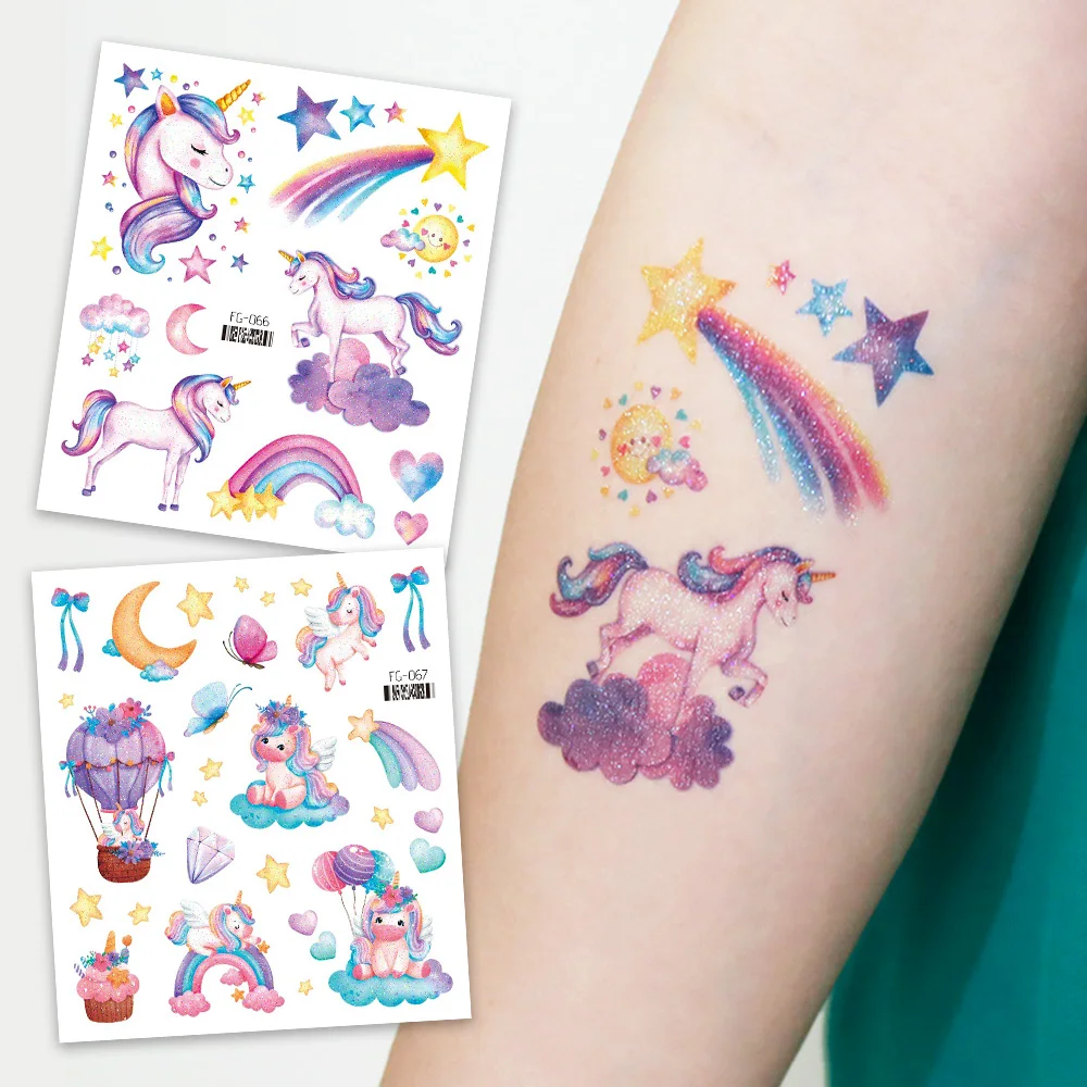 Unicorn Mermaid Tattoo Colorful Glitter Powder Waterproof Temporary Sticker Cute Cartoon Body Art Arm Fake Tattoos