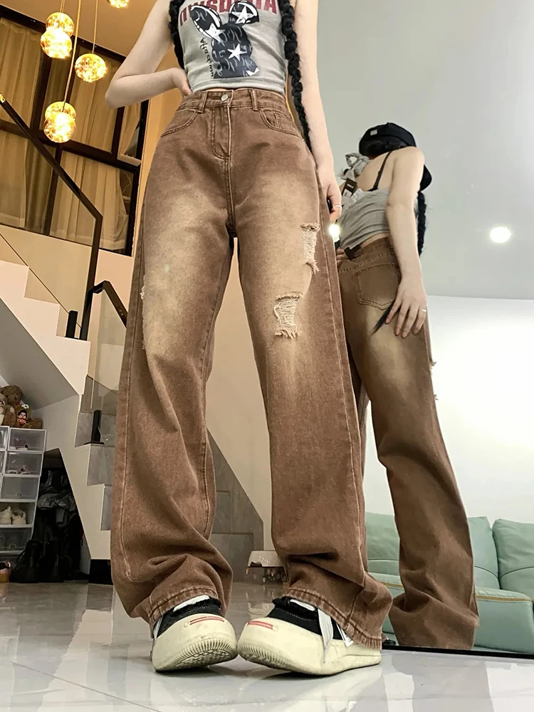 Zoki Retro Hole Brown Jeans Women High Waist American Y2K Denim Pants Loose Vintage Gothic Streetwear Lady Hollow Out Trousers