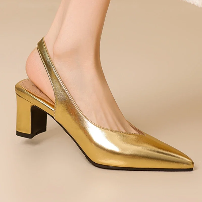 

Женские туфли-лодочки на каблуке с открытой пяткой, большой размер 45, роскошные женские офисные туфли на каблуке золотого, серебряного цвета с острым носком