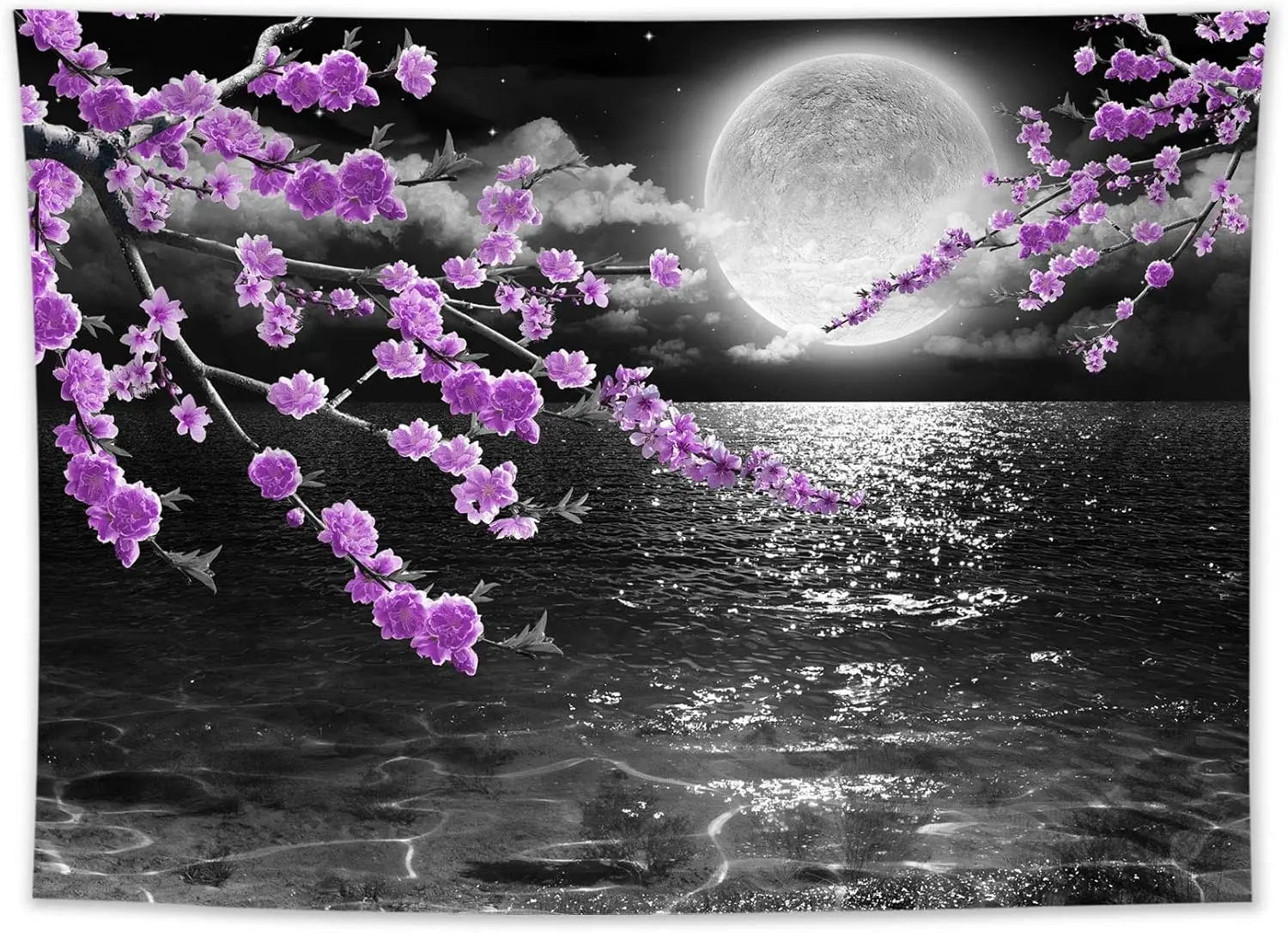 Large Full Moon Over Ocean Tapestry Wall Hanging, Asian Purple Plum Blossom Wall Tapestry, 3D Fantasy Watercolor Japanese Art