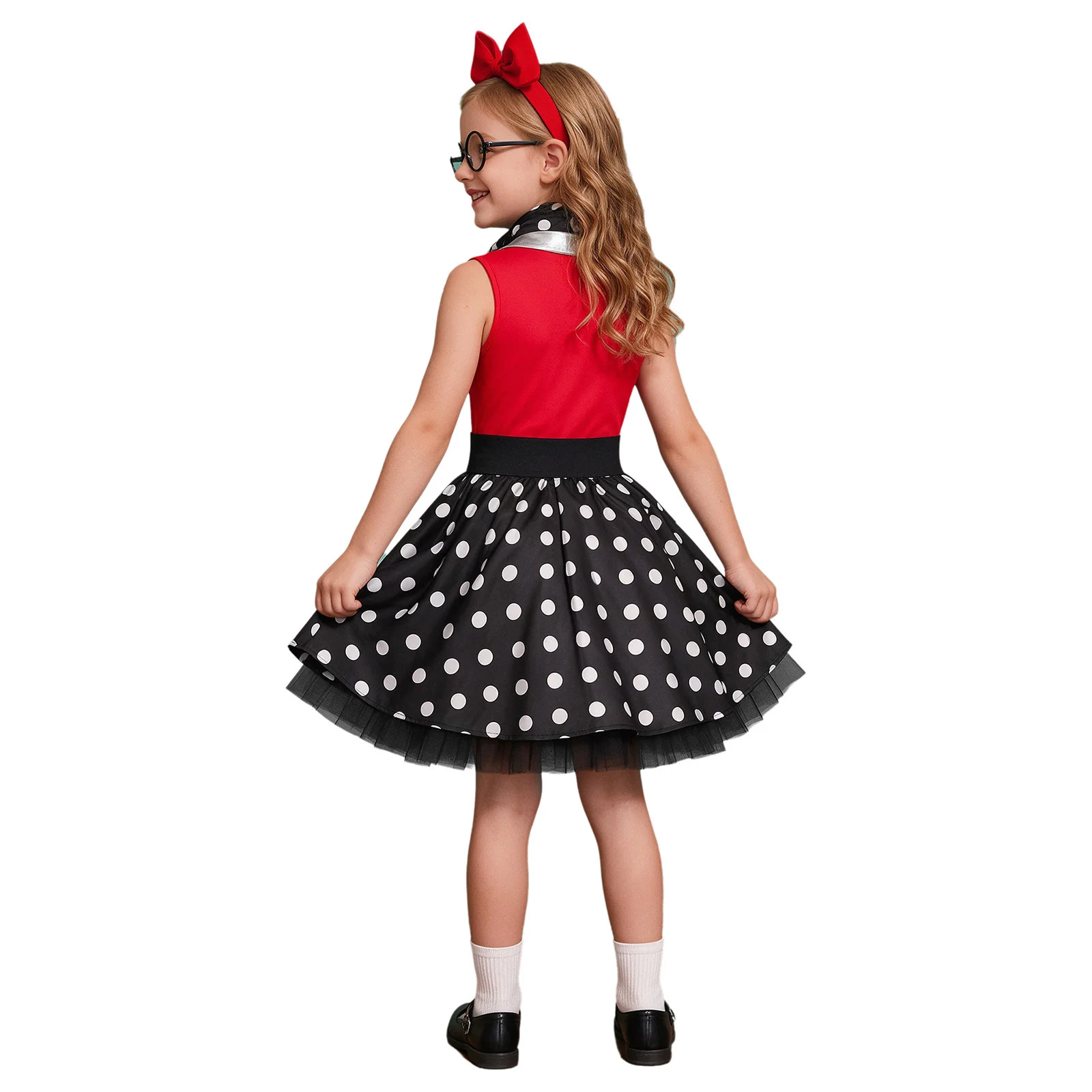 Kids Girls 50s Vintage Dress Metallic Lapel Collar Sleeveless Dot Dress with Neck Scarf for Retro Birthday Theme Party Halloween view 4