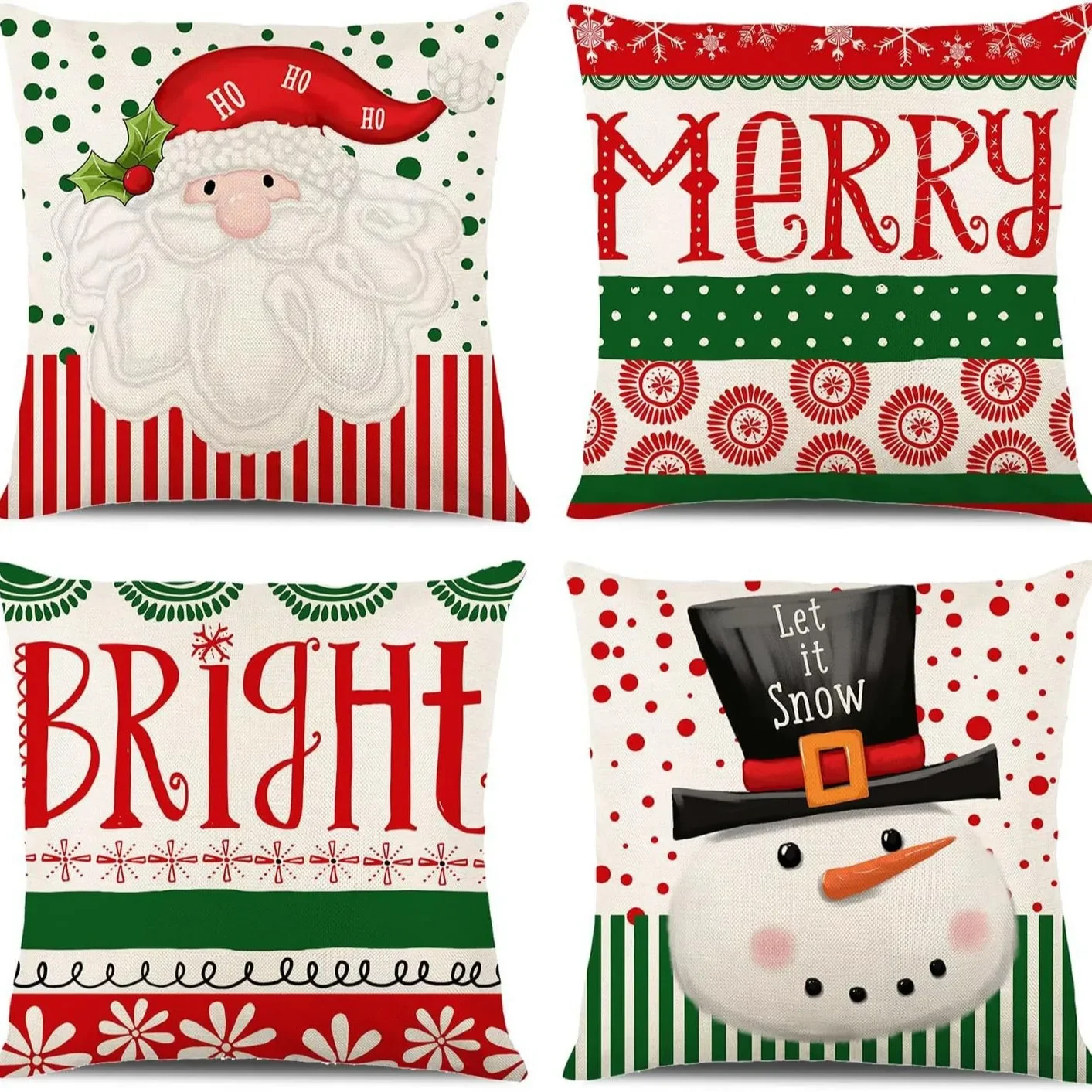 4pcs Christmas Linen Throw Pillow Covers, Santa Snowman Merry Bright Xmas Decor Cushion Cases, Red Green Striped Snowflake Sofa