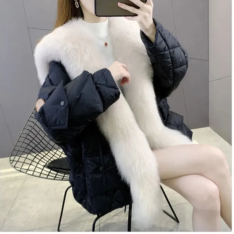 

Korean Fashion 2023 Winter Coat Duck Down Jacket Women Coat Patchwork Fluffy Faux Fur Warm Parkas Big Fur Detachable Outerwear