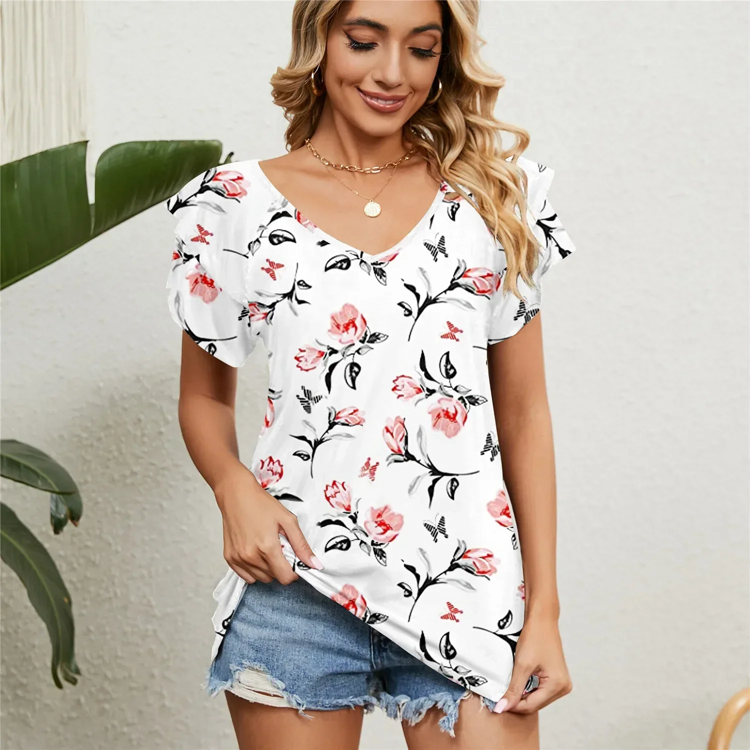 

Woman Clothing T-shirt Women's Floral Tops Tees Cute Chiffon Blouse T Shirt Short Butterfly Sleeve Casual Clothes for Women