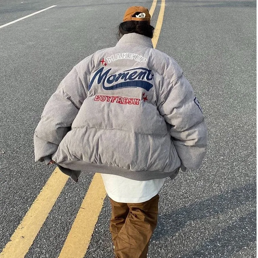 

American Retro Embroidered Corduroy Cotton Jaet Thiened Bread Sle Coat Stand Collar ex Youth Faion Warm Outerwear