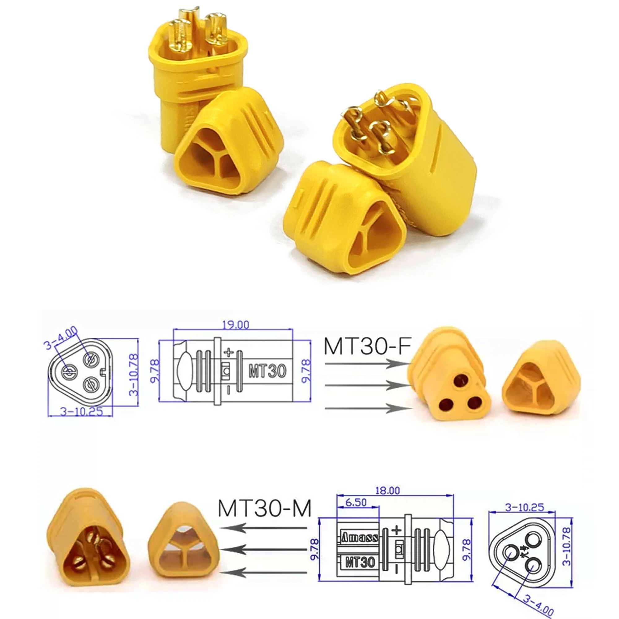 AMASS MT30 MT60 3-Pole 3.5mm Connectors with Sheath Male Female Plugs for RC Drone Airplane Lipo Battery