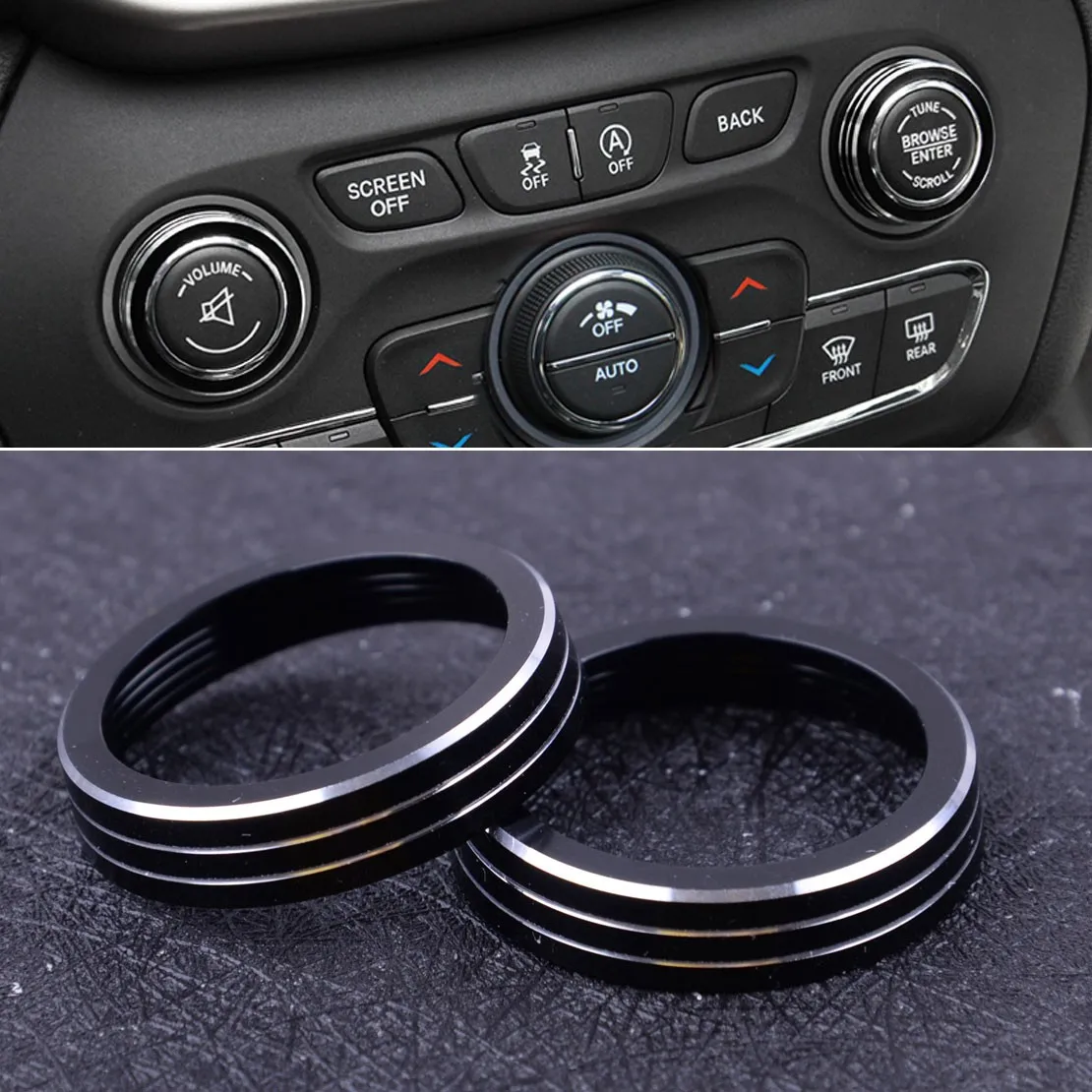 

2pcs Inner Dash Console Volume CD Switch Knob Ring Trim Circle Cover Fit For Jeep Grand Cherokee 2014-2019