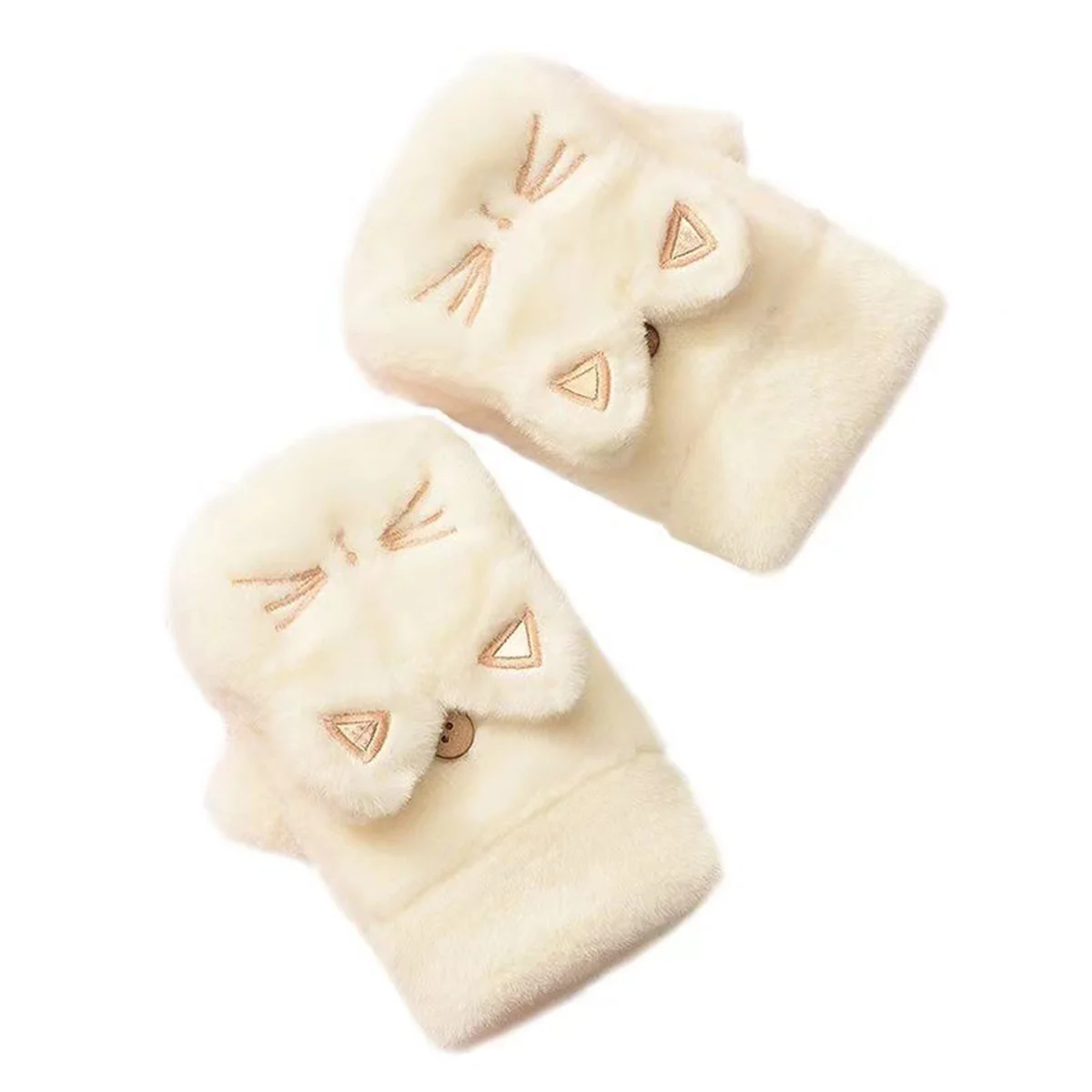 قفازات قطيفة لطيفة على شكل قطة للنساء على الطراز الكوري للشتاء بدون أصابع، نمط قابل للطي لركوب الدراجات في الهواء الطلق، ملحقات دافئة سميكة مقاومة للرياح