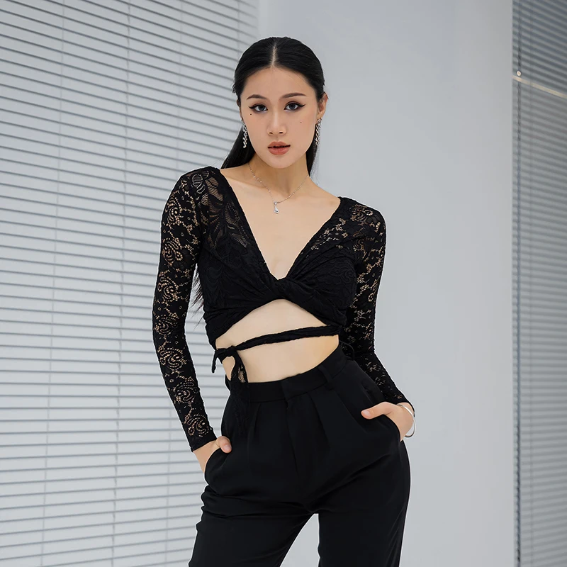 Sexy Deep V Latin Dance Tops Long Sleeved Straps Ballroom Dance Top Women Modern Dancing Top Stage Training Wear DWY9425