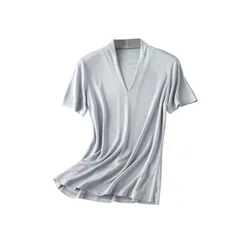 Summer Mulberry Silk Seamless T-shirt Women Double Layered V-neck Short Sleeve Soft Tops