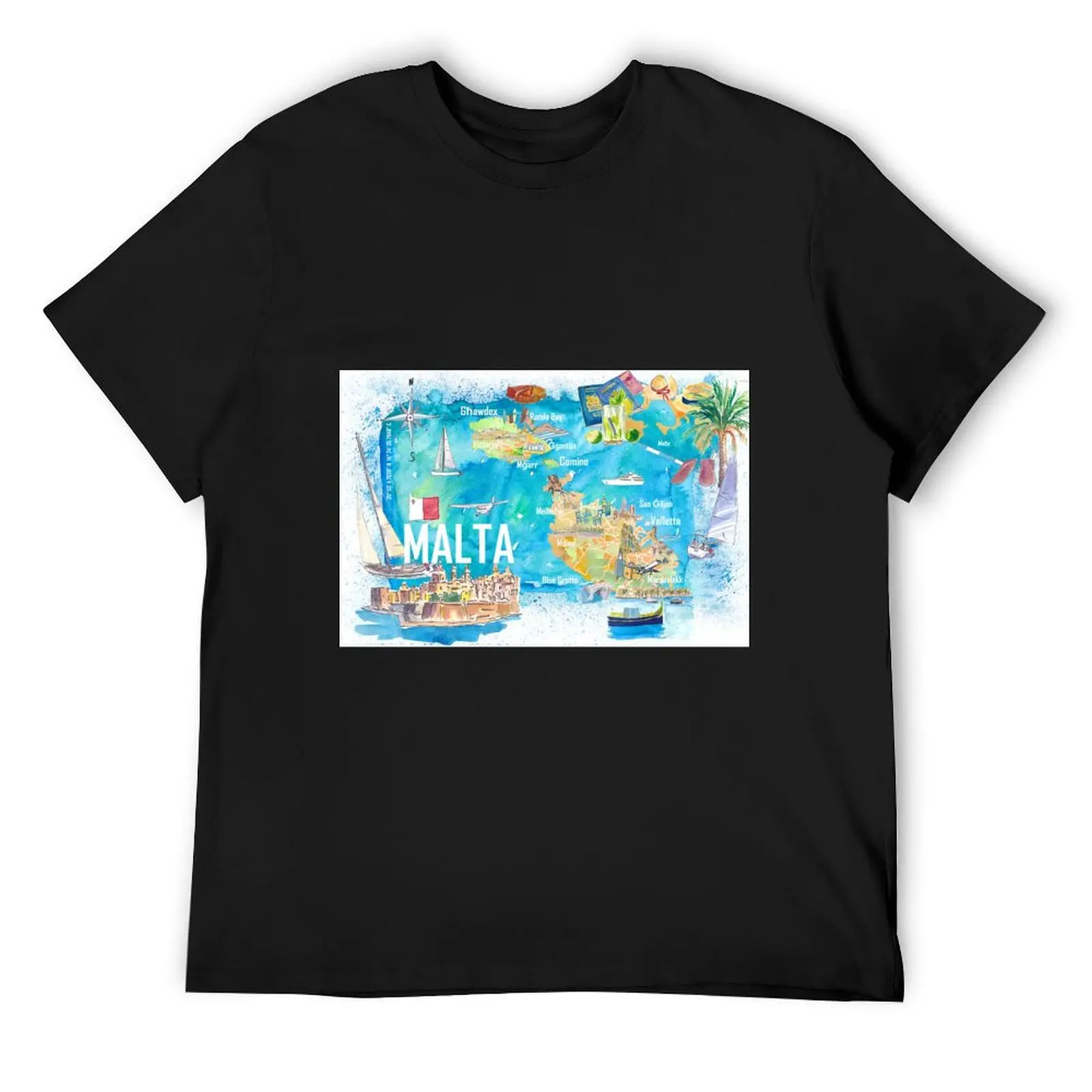 Malta Illustrated Island Travel Map with Roads and Highlights T-Shirt sublime customs men tshirt