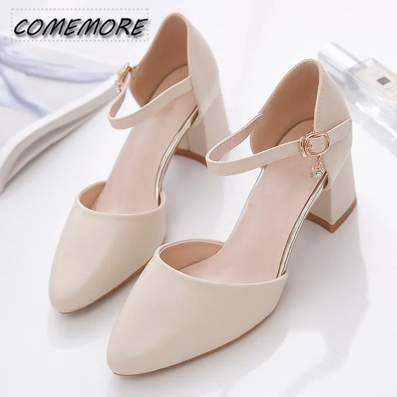 2023 Spring New Single Shoes Block Mid Heels Women\'s Pumps Ankle Strap Buckle Pointed Toe Footware for Office Lady Beige Apricot