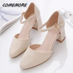 2023 Spring New Single Shoes Block Mid Heels Women's Pumps Ankle Strap Buckle Pointed Toe Footware for Office Lady Beige Apricot