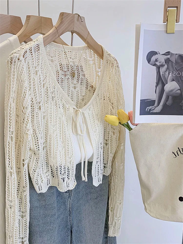 Apricot Hollow Out Sunscreen Knitted Cardigan Women Spring Summer Long Sleeve Lace-up Short Shawl Casual Thin Outerwear