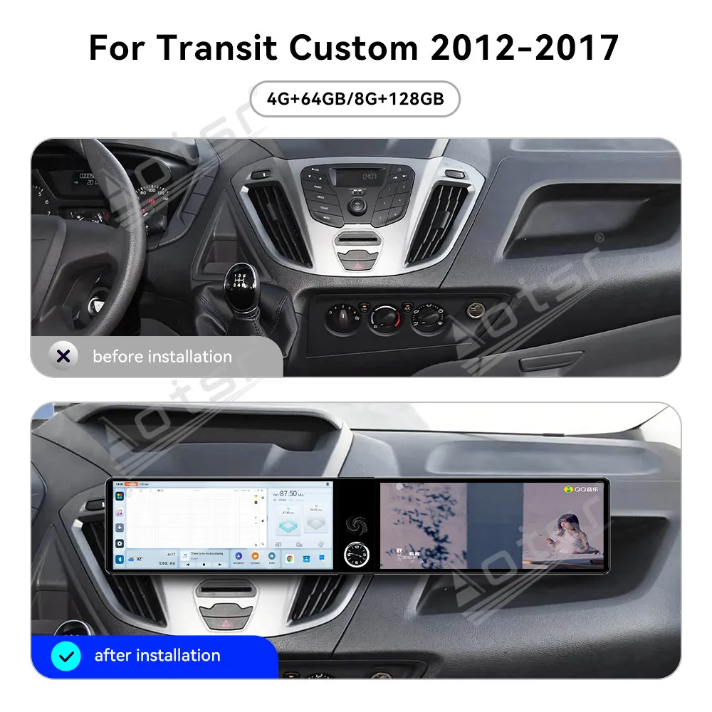 

Для Ford Transit Custom 2012-2017: 12,3-дюймовое автомобильное радио с двумя экранами на Android 13, мультимедийный видеоплеер, GPS-навигация, Carplay-модуль