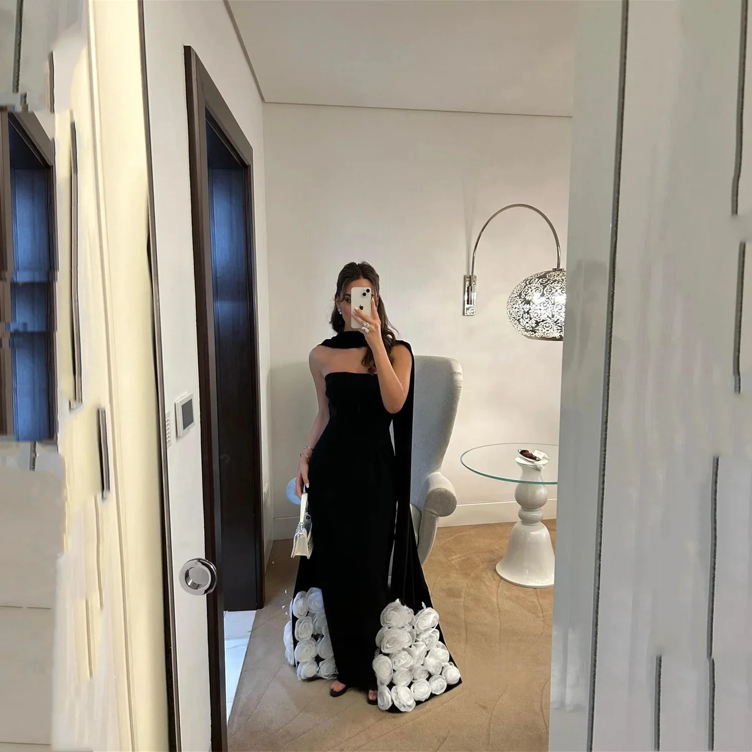 

Black Floral Strapless Long Bespoke Occasion Gown Evening Dresses Pastrol Unisex Jersey Retro Dubai Saudi Arabic Prom Customized