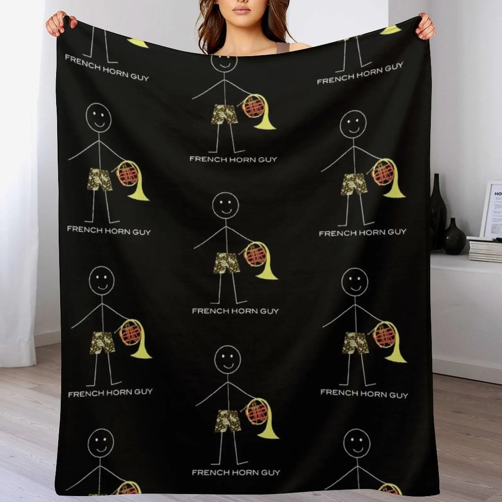 

Funny Mens French Horn Guy Throw Blanket Loose Decorative Sofa Hairy Flannel Fabric Blankets