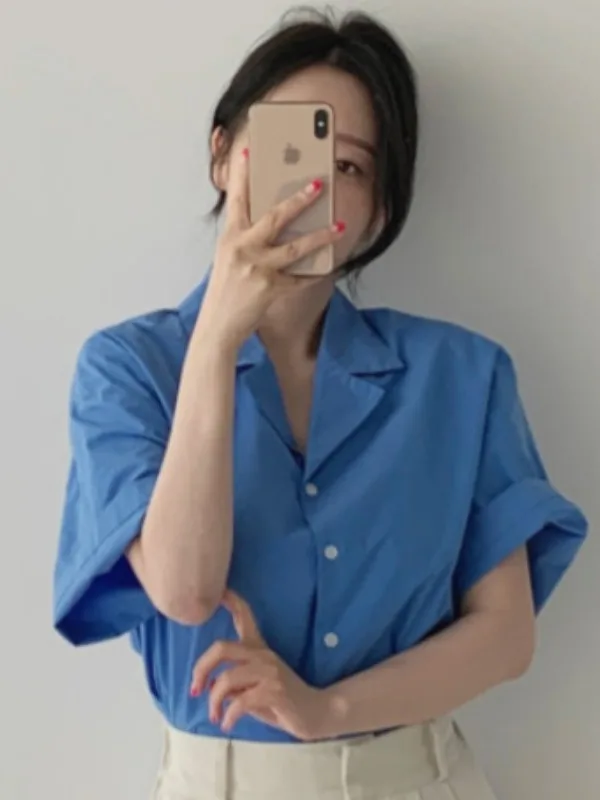 

Blue irt Women's Summer New Ele Top Vintage Loose Versatile Turn-down Collar ort Sve Suit Collar irt Loose Fit