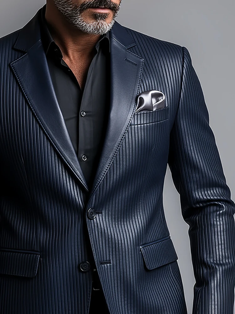 Men's Vertical Striped Faux Leather Blazer Notched Lapel Long Sleeve Pu Leather Business Jacket For Formal Wedding Guest Blazer