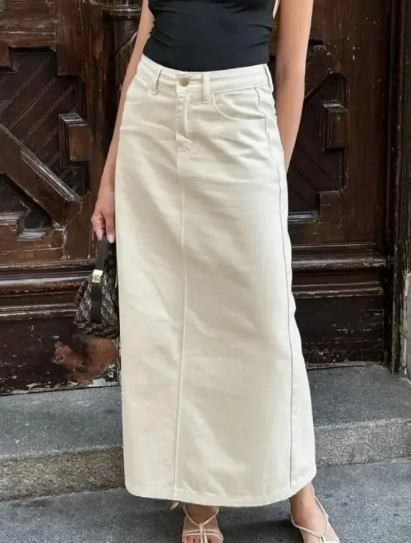 

2025 Beige Slim Fit Long Skirt for Summer Women, Solid Color Casual Slim Fit High Waist Pocket A-Line Straight Leg Denim Skirt