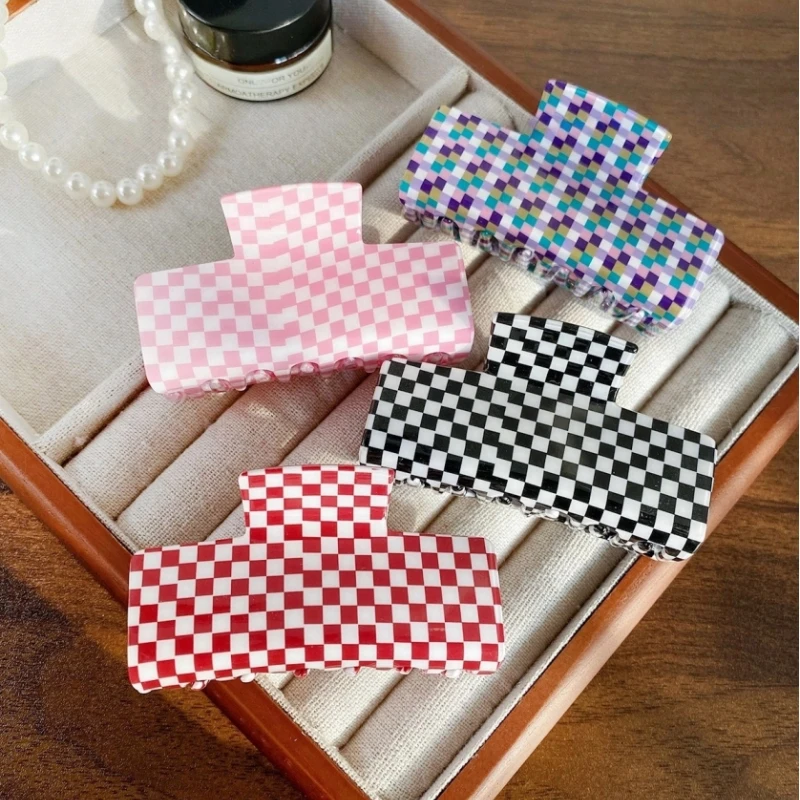 DS Retro Grid Square Hair Claw Acrylic Claw Clips Colorful Chessboard Geometric Crab Hair Clips for Women Girls Hair Accessories