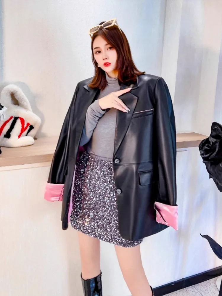 Spring Elegant Office Ladies Genuine Leather Suit Jacket New Middle Long Single Breasted Design Blazers Women Sheepskin Coat