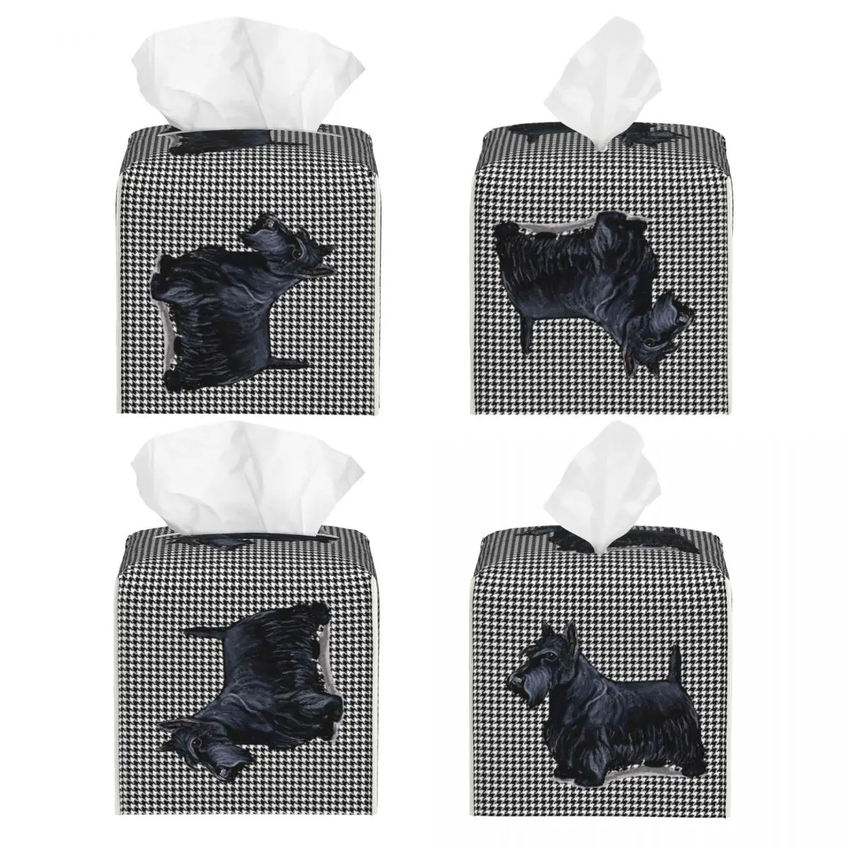 Custom Scottish Terrier Houndstooth Tissue Box Cover Square PU Leather Pet Scottie Dog Facial Tissues Holder for Office