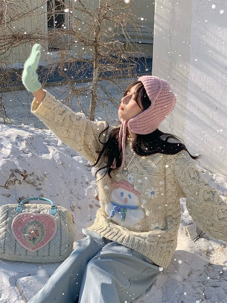 Outono primavera moda feminina brincalhão pequeno boneco de neve malha pulôver de lã rosa suéteres