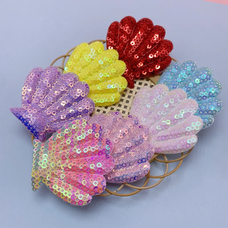 28Pcs 5.5x5CM Sequin Shell Padded Applique For Hair Clip Accessories Shoes Hats Decoration Patches