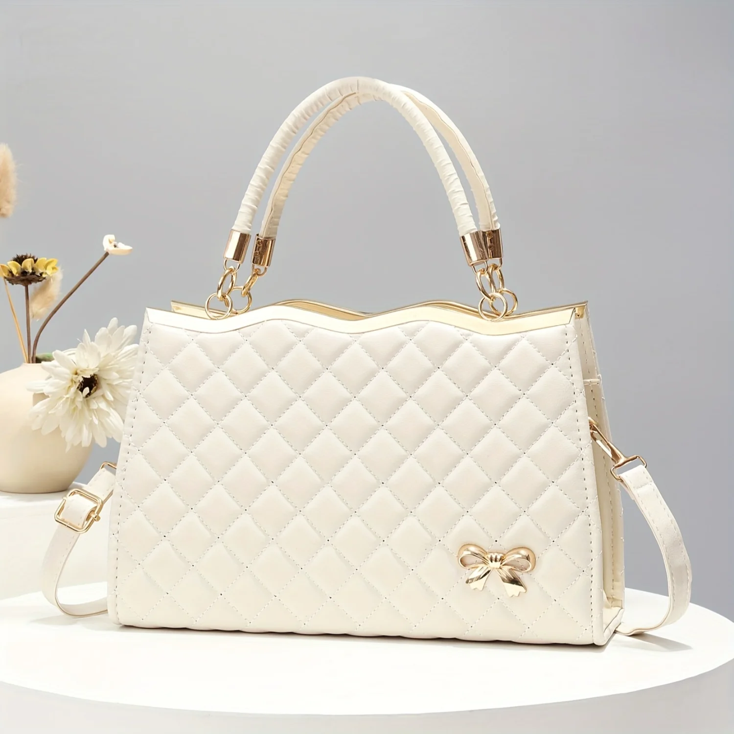 Classic Elegant Top Handle Bag, Argyle Pattern Handbag, Solid Color Gift Office Bag For Women
