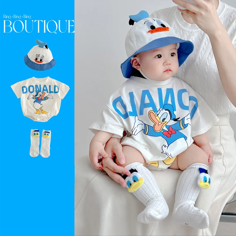 

Cartoon Donald Duck Men's And Women's Treasure Wrap Fart Coat Summer Soft Cotton Baby Sweetheart Jumpsuit Children's Set