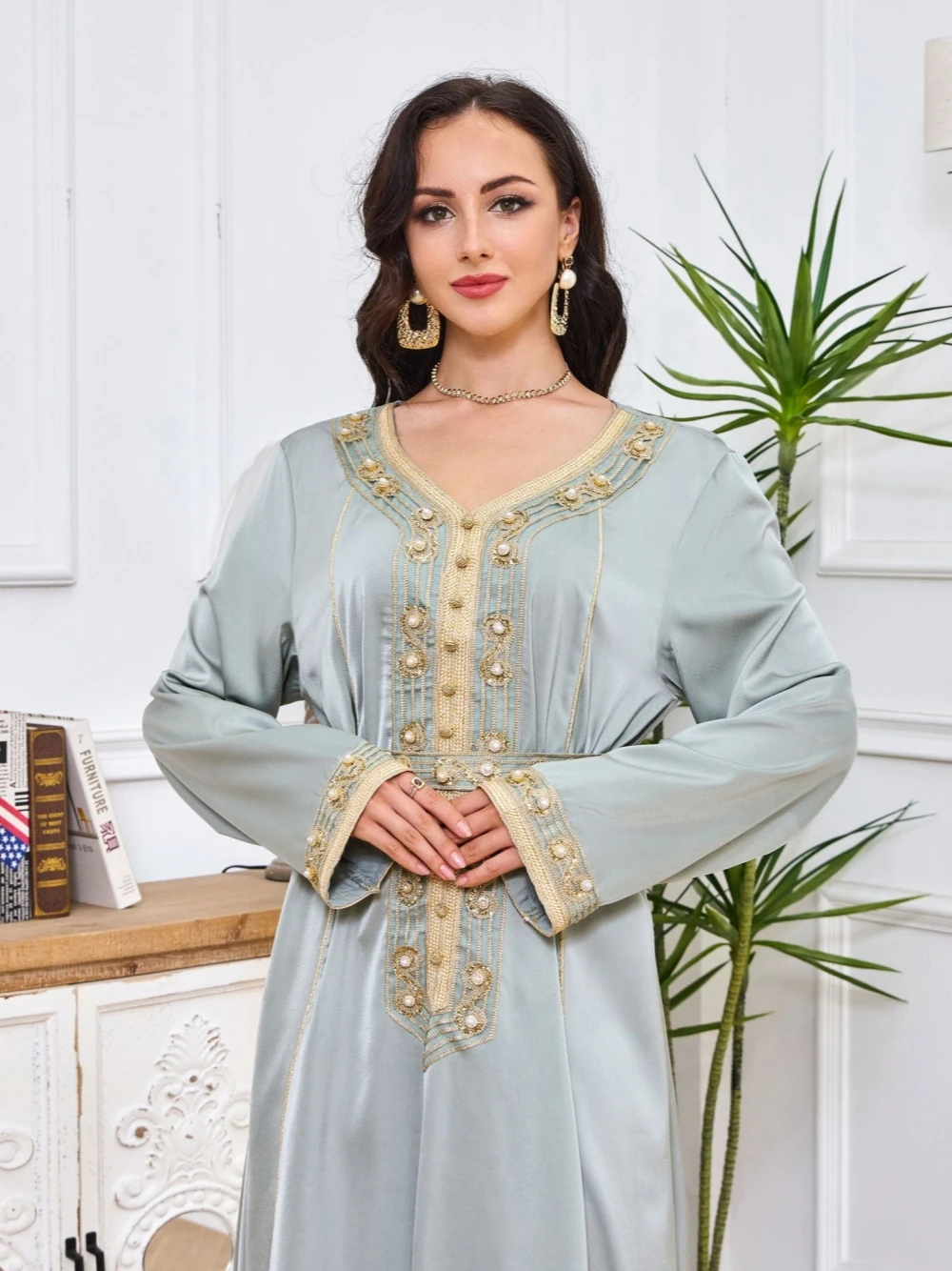 Fashion Pearls Muslim O Neck Women Evening Dress In Stock Party Cocktail A-line Prom Elegant Abaya Customized Dubai Robe