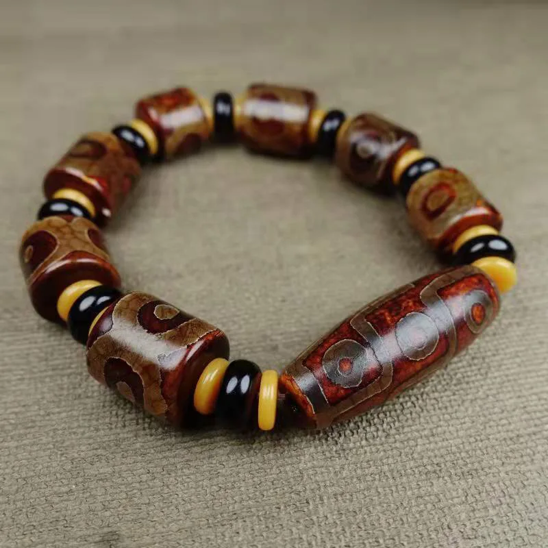 

Natural Tibetan Agate Nine Eye DZi Beads with Three Eye DZi Bracelet, Men's and Women's National Style Versatile Bracelets