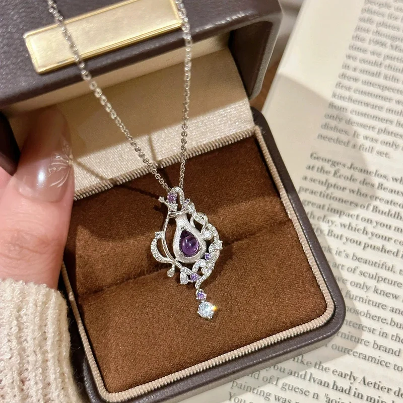 Fashionable Light Luxurious Purple Crystal Perfume Bottle Necklace Italian Brushed Magic Bottle Necklace for Women KOFSAC