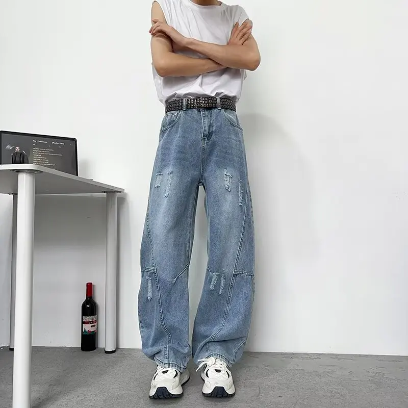 

Men's And Women's High Street Knife Denim Jeans Spring Autumn Trendy Straight Leg Pants Torn Hole Slim Fit Casual Jeans