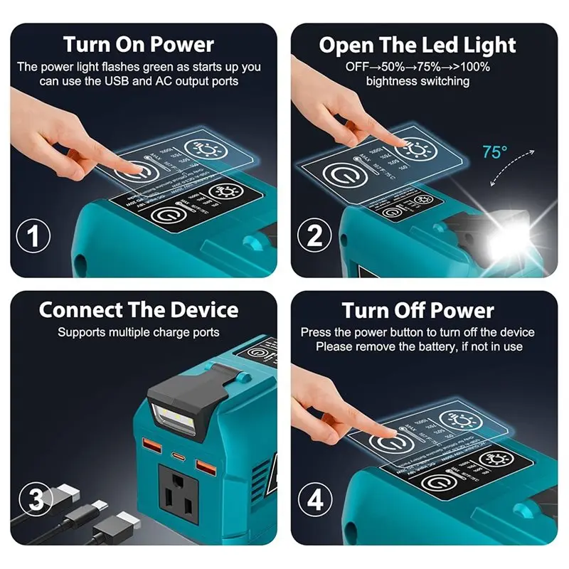 Portable Battery Inverter 250W For Makita 18V Battery, 1 AC Outlet, 2 USB Ports, 1 Type-C Fast Charge(US) Power US Plug