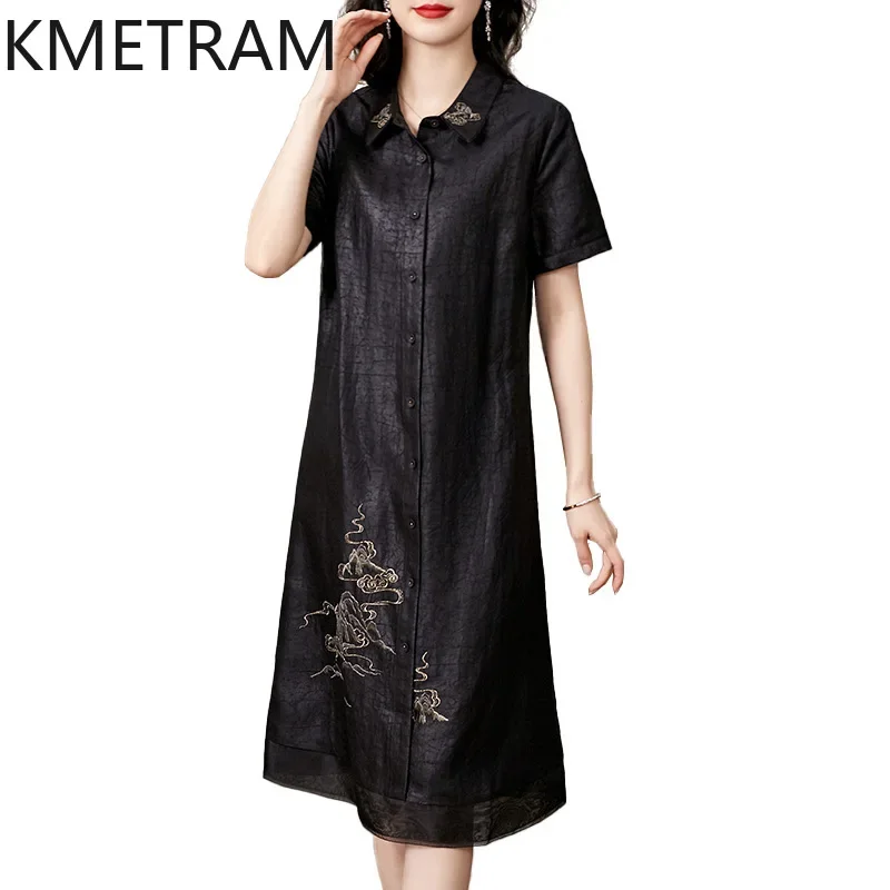

KMETRAM 100% Mulberry Silk Dress Women Summer 2024 Luxury Party Long Dresses Womans Clothing Vintage Black Frocks Платье Женское