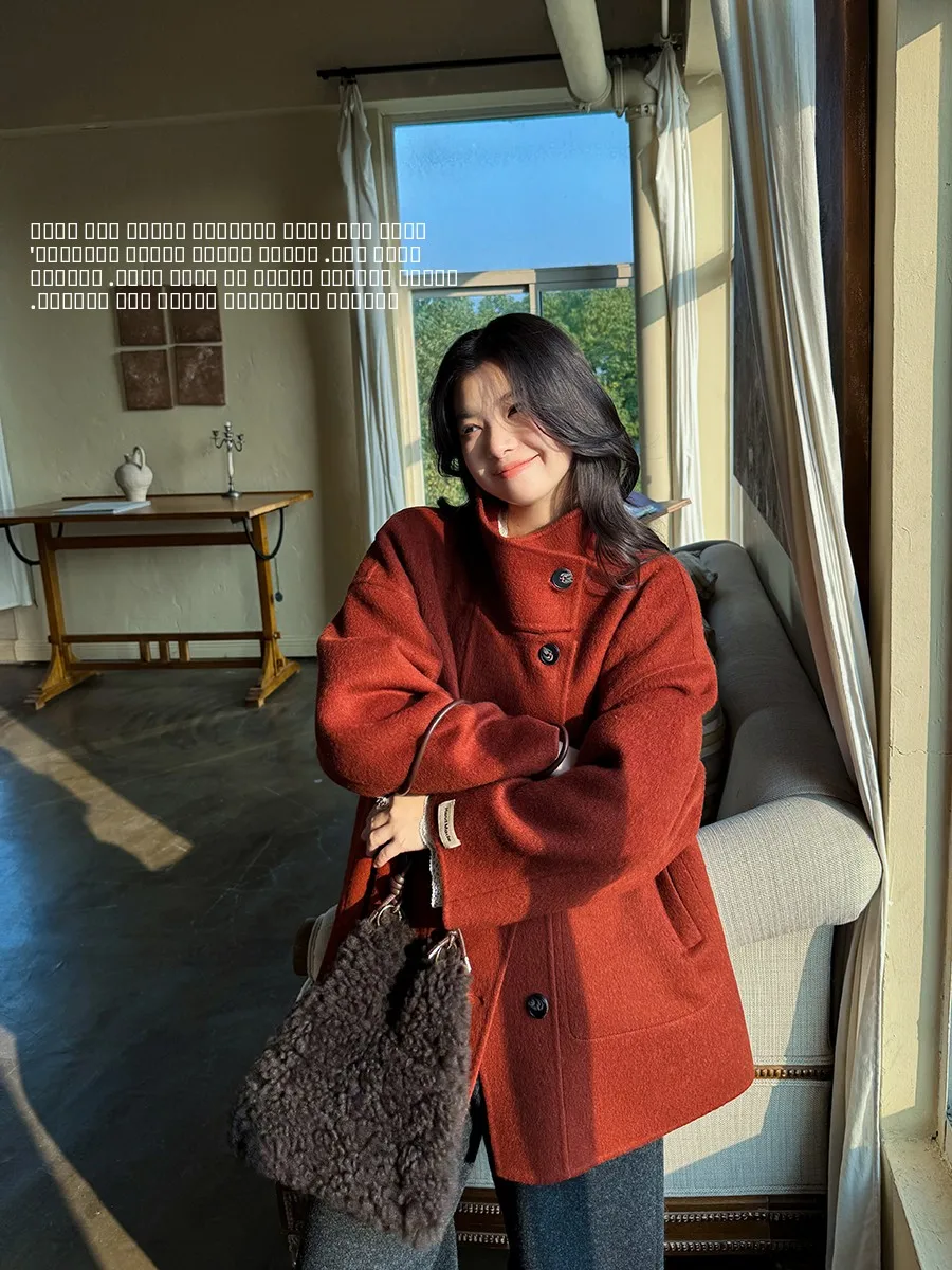 

Двустороннее шерстяное пальто Ele, красное, с воротником-стойкой, ручной работы из шерсти альпаки, винтажный дизайн, высокое качество, женская модная верхняя одежда