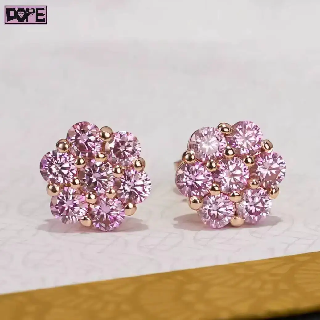 Hip Hop Moissanite Earrings Women Men 925 Silver Rose Gold Plated Iced Out Flower Cluster Pink VVS Stud Earrings