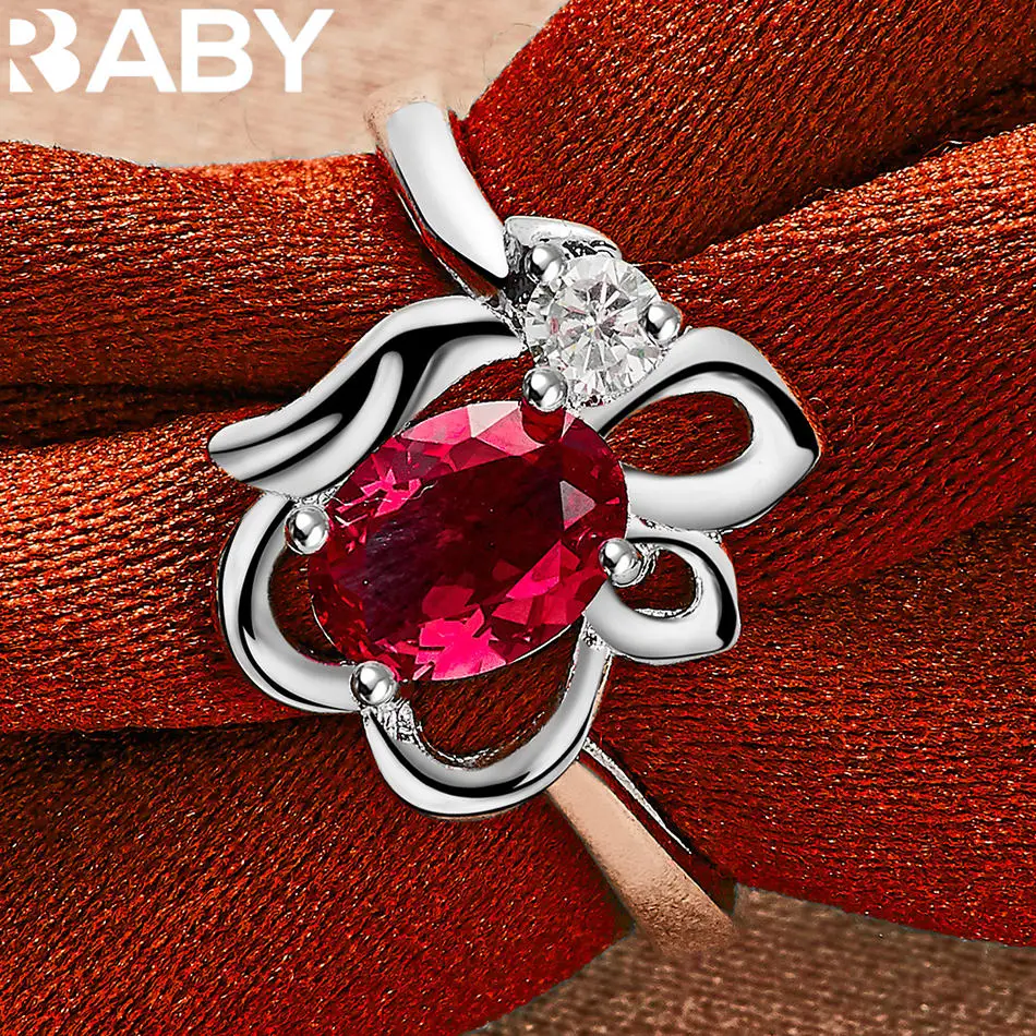 URBABY 925 เงินสเตอร์ลิงแหวนเพทายสีแดงสําหรับผู้หญิงแฟชั่นเครื่องประดับ Charm Grace Noble อุปกรณ์จัดงานแต่งงาน