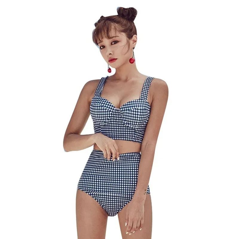 Swimsuit Women\'s Retro Lattice Steel Support Small Chest Gathered High Waist To Cover Belly Was Thin Sexy Split Swimsuit