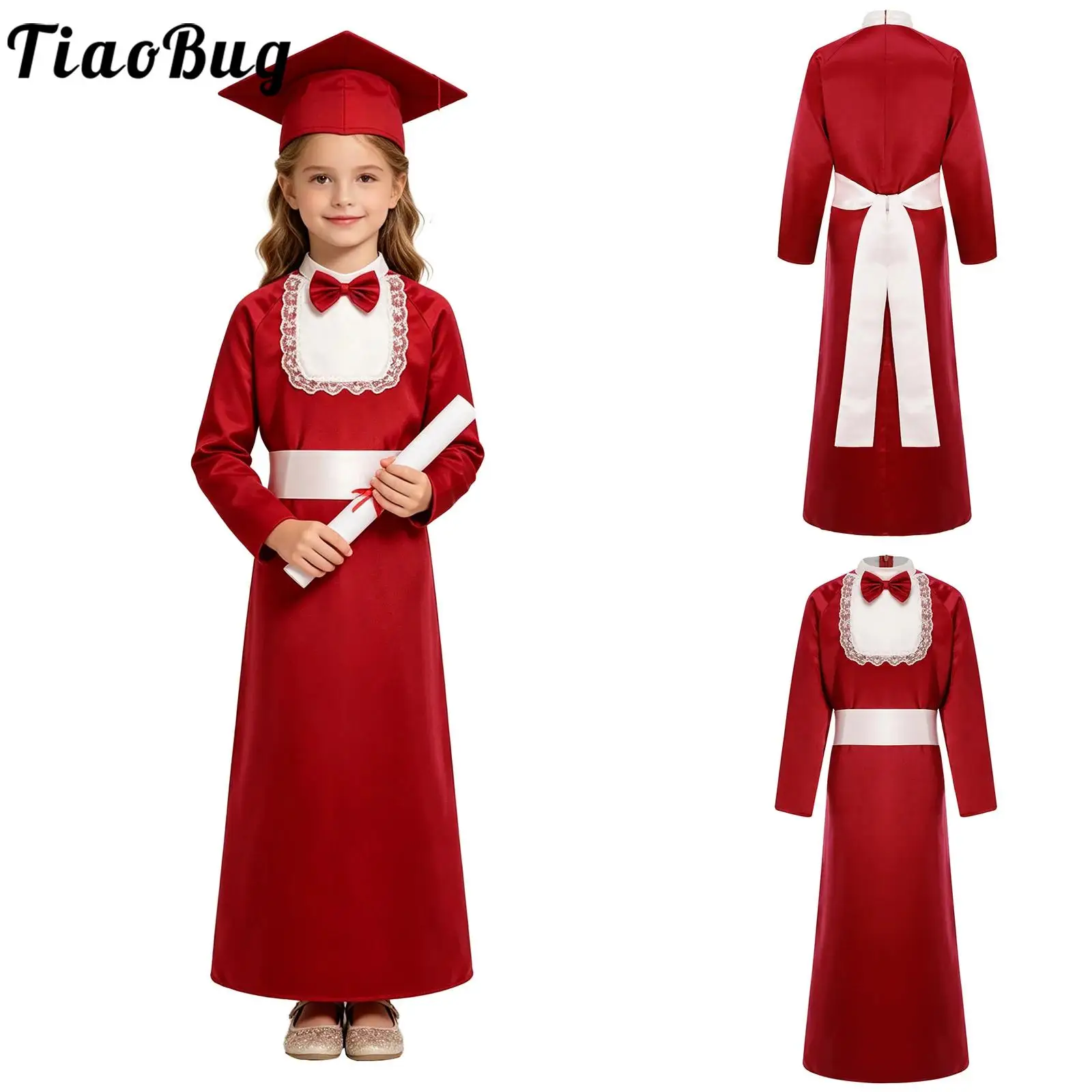 Kids Girls Boys Choir Robe Graduation Outfits Long Sleeve Lace Trim Bow Zipper Gown with Belt for Church Event Halloween Party