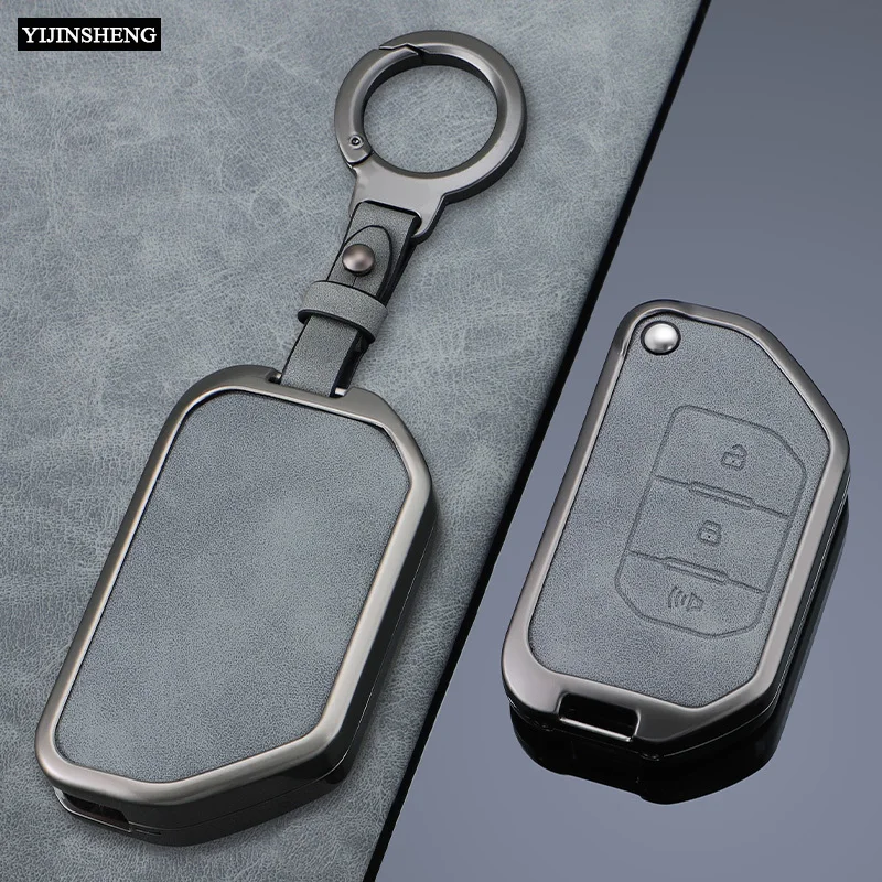 for Jeep Wrangler Gladiator JT JLU Flip Folding Blade Remote Key Fob Zinc Alloy + Leather Protect Cover Case Skin Shell Holder