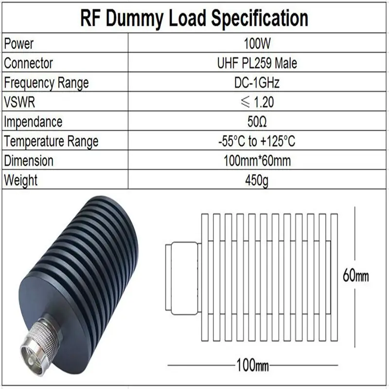 Imagem -06 - Conector Macho da Tomada Terminação Coaxial do rf Carga do Manequim Folheado a Níquel 100w Frequência Ultraelevada Pl259 1ghz 50ohm Acessórios do rf